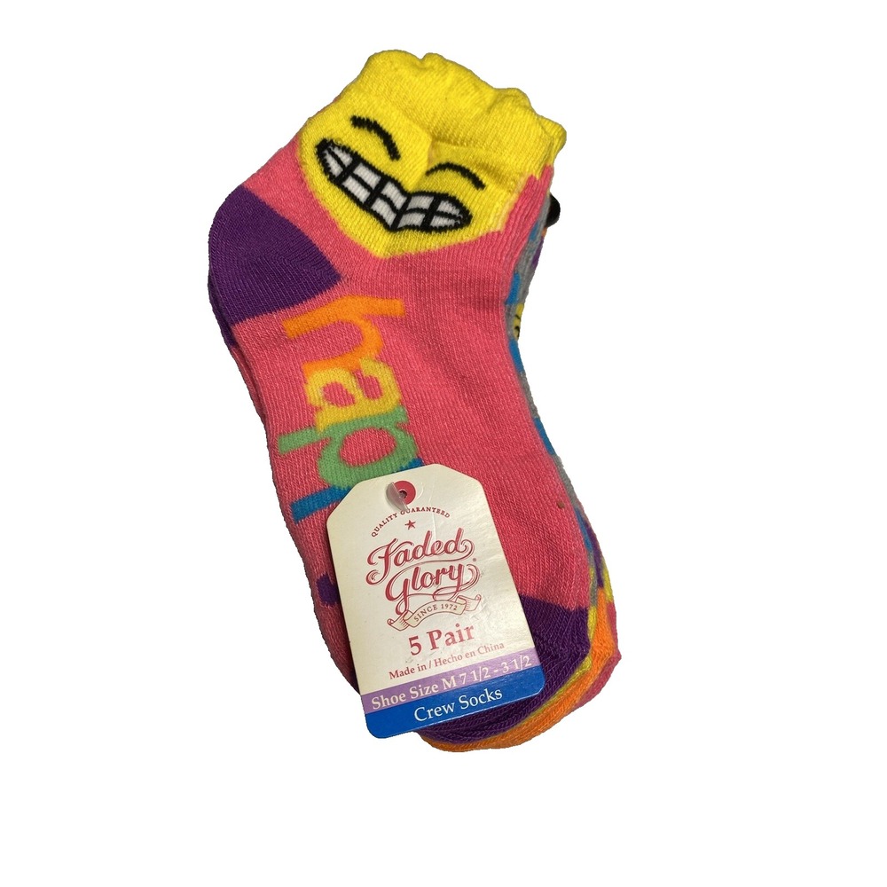 faded glory girls‎ crew socks 5 pairs size medium shoe 7.5 - 3.5